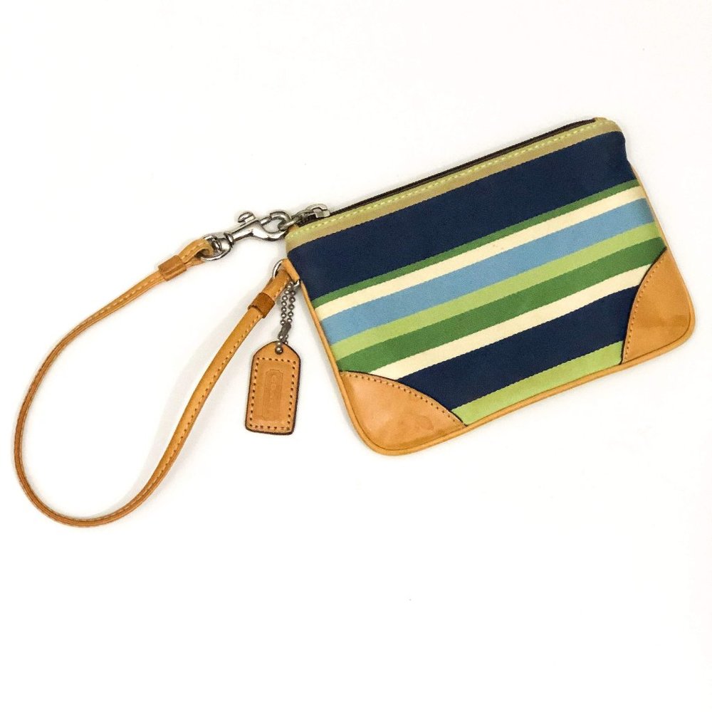 Coach Wristlet Blue Green Stripes Leather Accents
